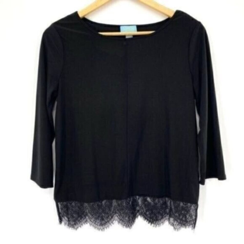Cece Womens  Black Lace Trim Quarter Sleeve Vamp Top